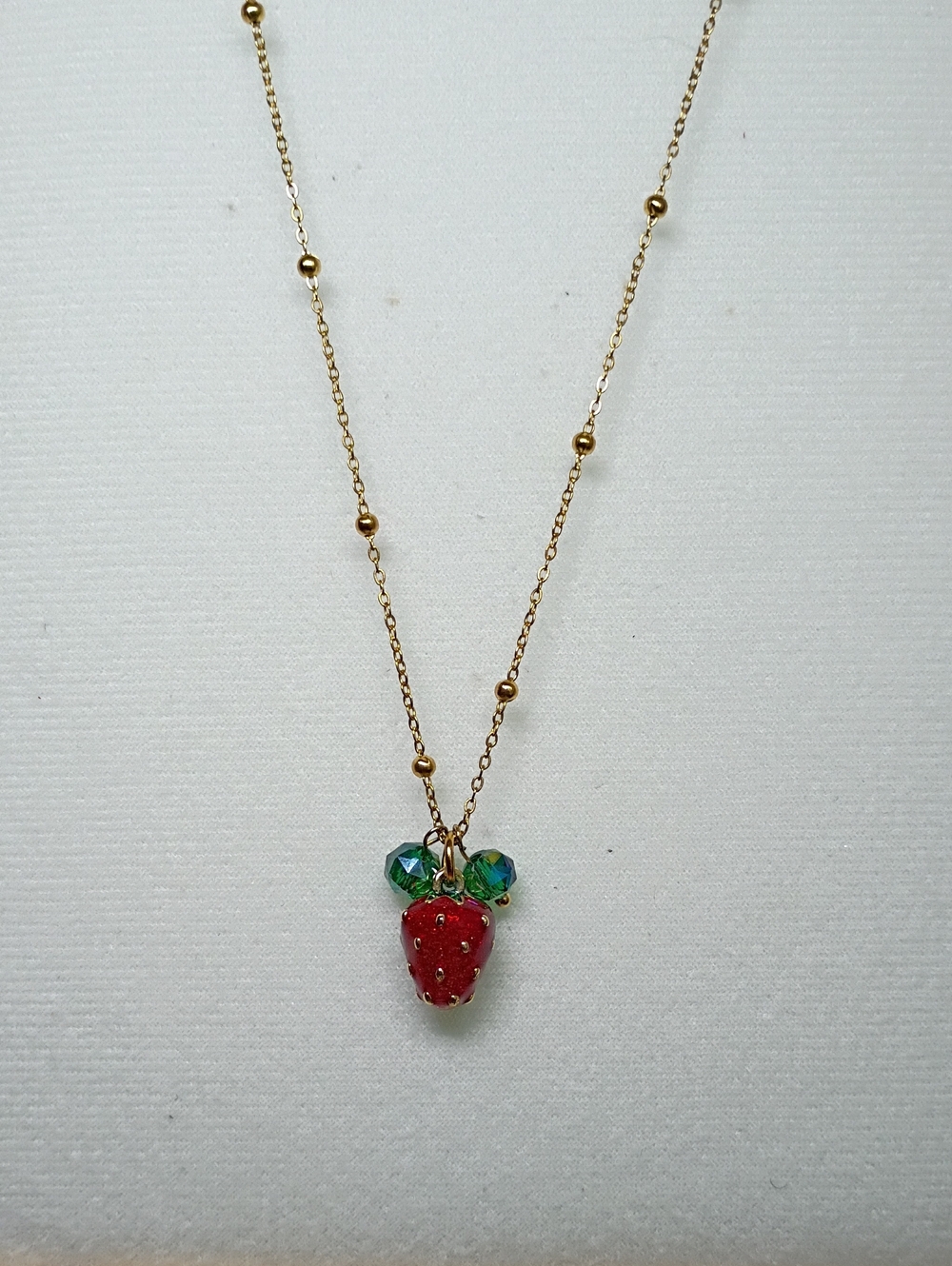New Gold-Tone Necklace with Red Strawberry Pendant and Green Bead Accents